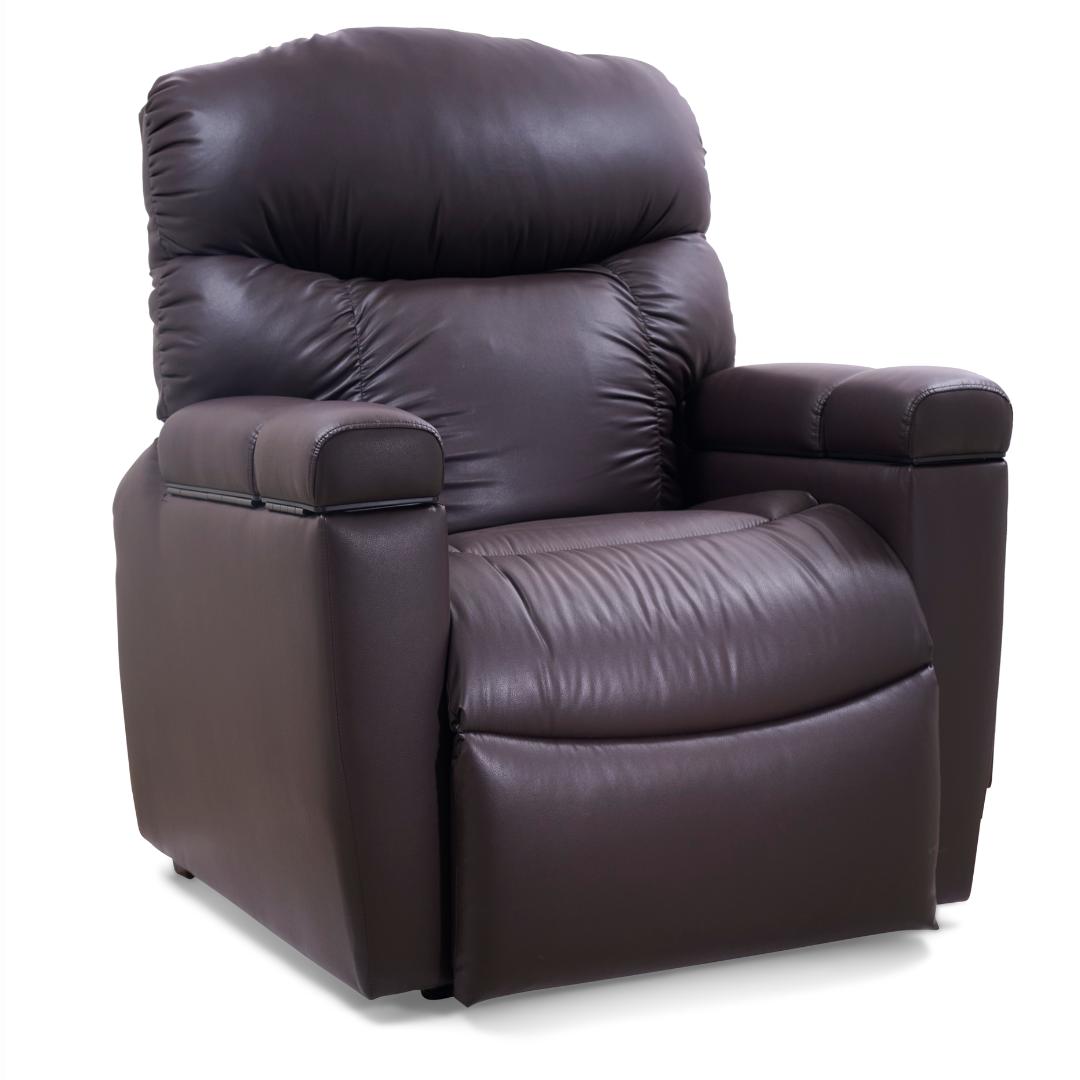 The Golden Cloud+ PR511 Recliner in dark brown boasts plush armrests, a high backrest, and 4-Zone Comfort Zone tech. It includes an AutoDrive hand control for convenient lounging against a plain white background.